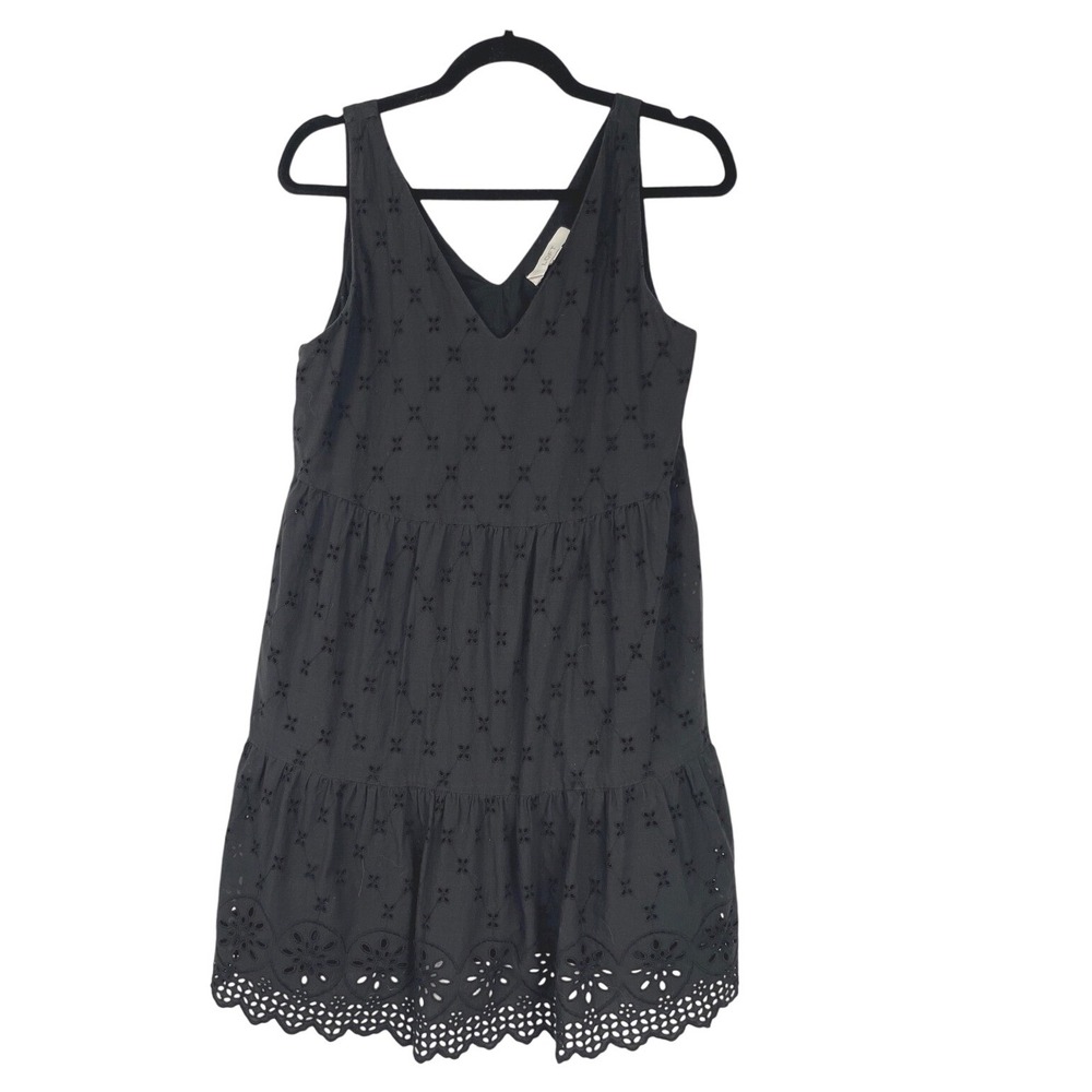 LOFT‎ Black Eyelet Lace Tiered 100% Cotton Mini Dress Babydoll M LBD Cottagecore